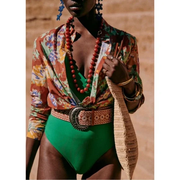 SEZANE NWT Rust Orange Green Abstract Floral Printed Button Down Pierro Shirt 38 - Picture 3 of 11